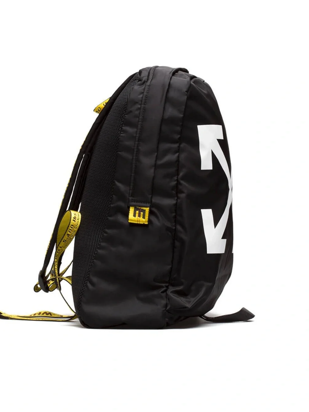 Off-White Black Backpack with White Arrow Graphic and Yellow Straps